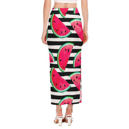 Black Striped Watermelon Pattern Print Side Slit Maxi Skirt