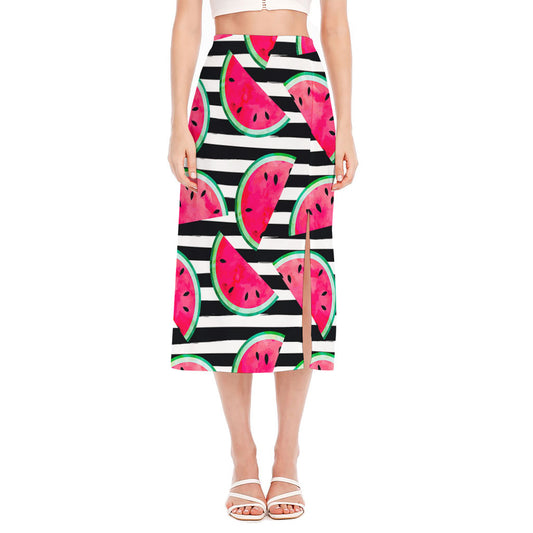 Black Striped Watermelon Pattern Print Side Slit Midi Skirt
