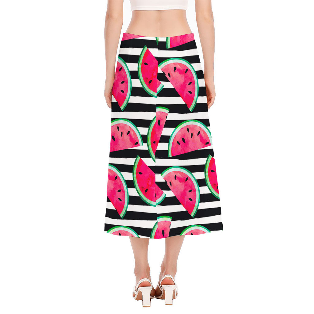 Black Striped Watermelon Pattern Print Side Slit Midi Skirt