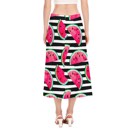 Black Striped Watermelon Pattern Print Side Slit Midi Skirt