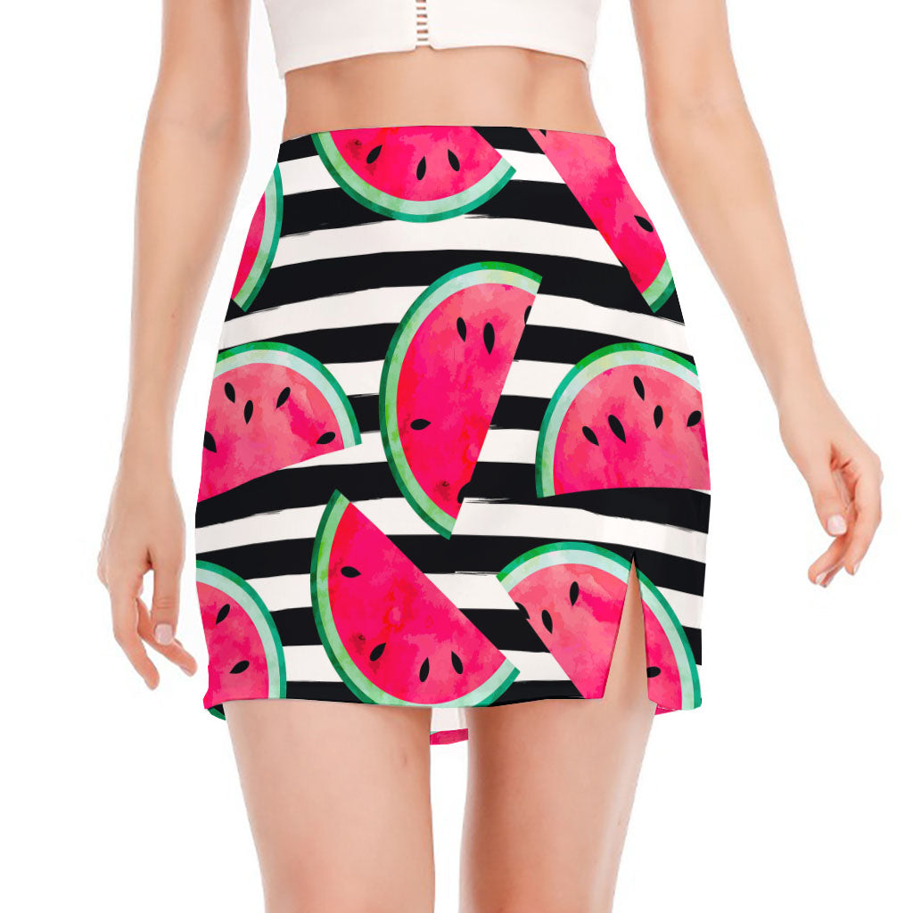 Black Striped Watermelon Pattern Print Side Slit Mini Skirt