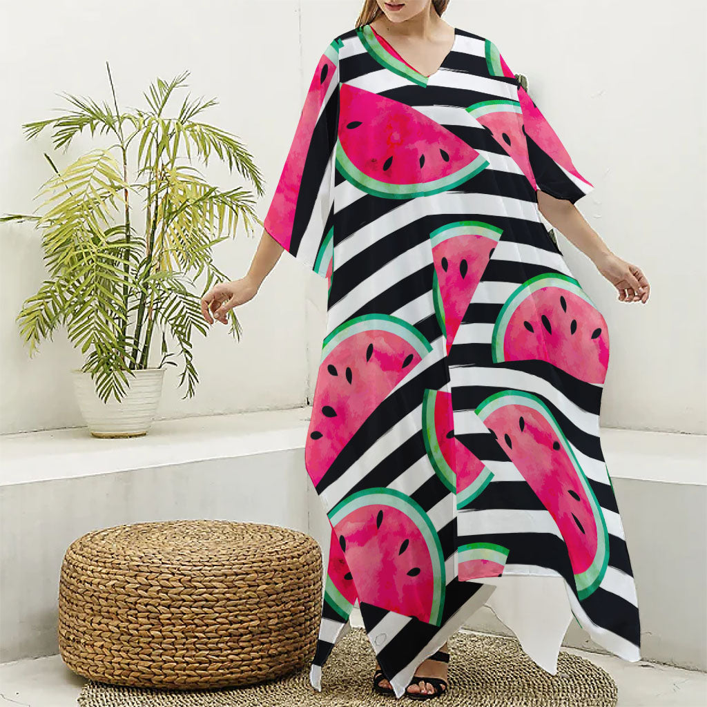 Black Striped Watermelon Pattern Print Silk V-Neck Kaftan Dress