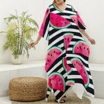 Black Striped Watermelon Pattern Print Silk V-Neck Kaftan Dress