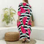 Black Striped Watermelon Pattern Print Silk V-Neck Kaftan Dress