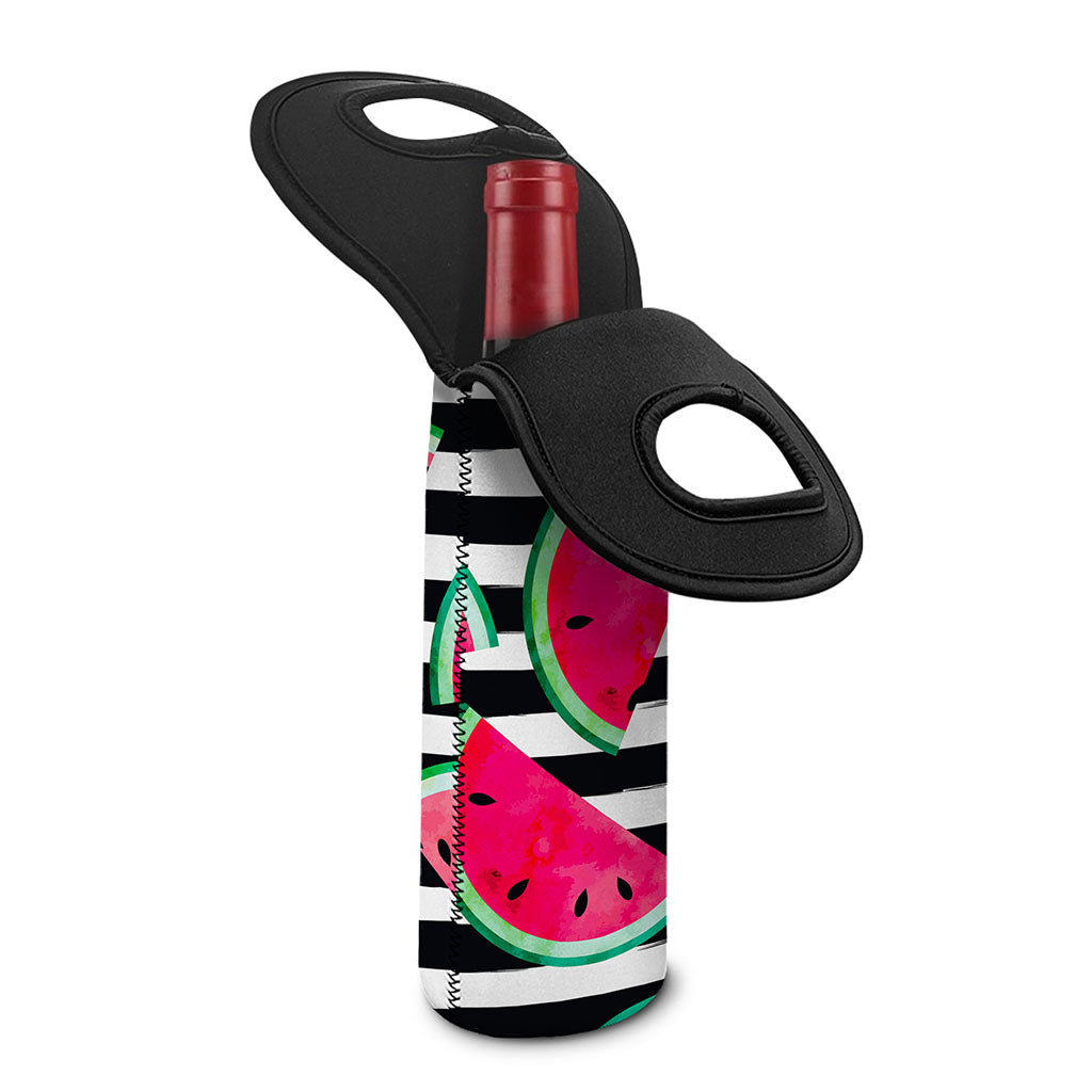 Black Striped Watermelon Pattern Print Single Neoprene Wine Tote