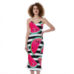 Black Striped Watermelon Pattern Print Slim Fit Midi Cami Dress