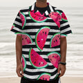 Black Striped Watermelon Pattern Print Textured Short Sleeve Shirt