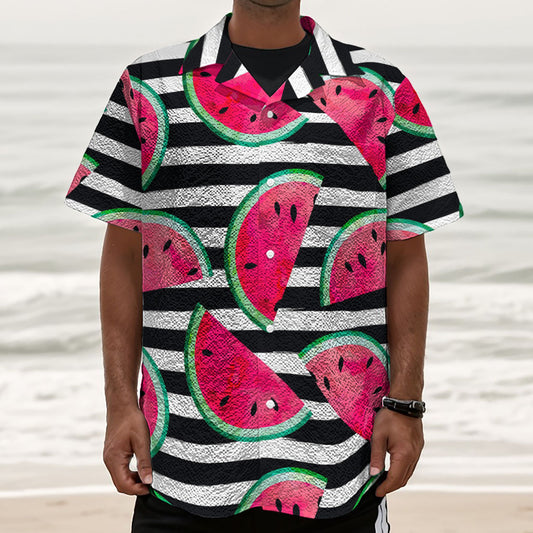 Black Striped Watermelon Pattern Print Textured Short Sleeve Shirt