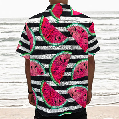 Black Striped Watermelon Pattern Print Textured Short Sleeve Shirt