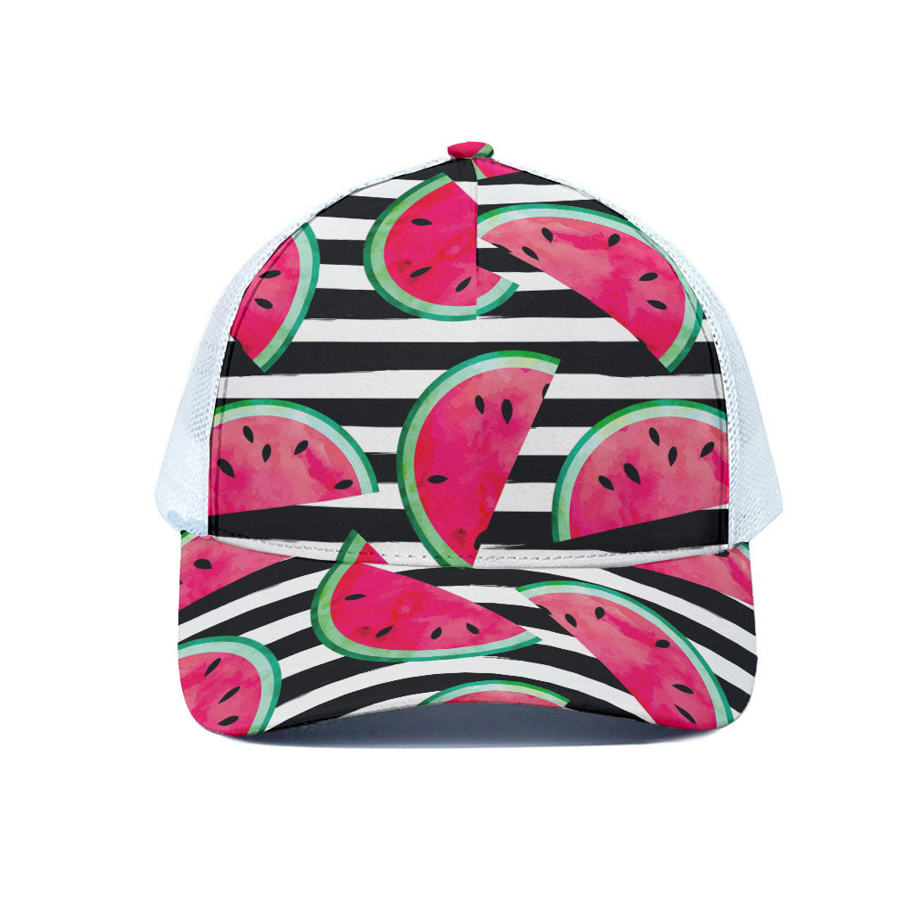 Black Striped Watermelon Pattern Print White Mesh Trucker Cap