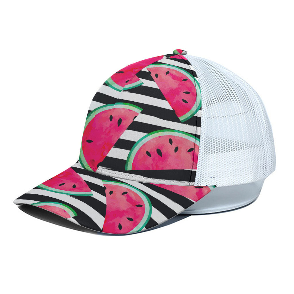 Black Striped Watermelon Pattern Print White Mesh Trucker Cap