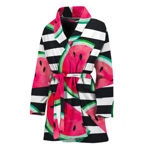 Black Striped Watermelon Pattern Print Women's Bathrobe