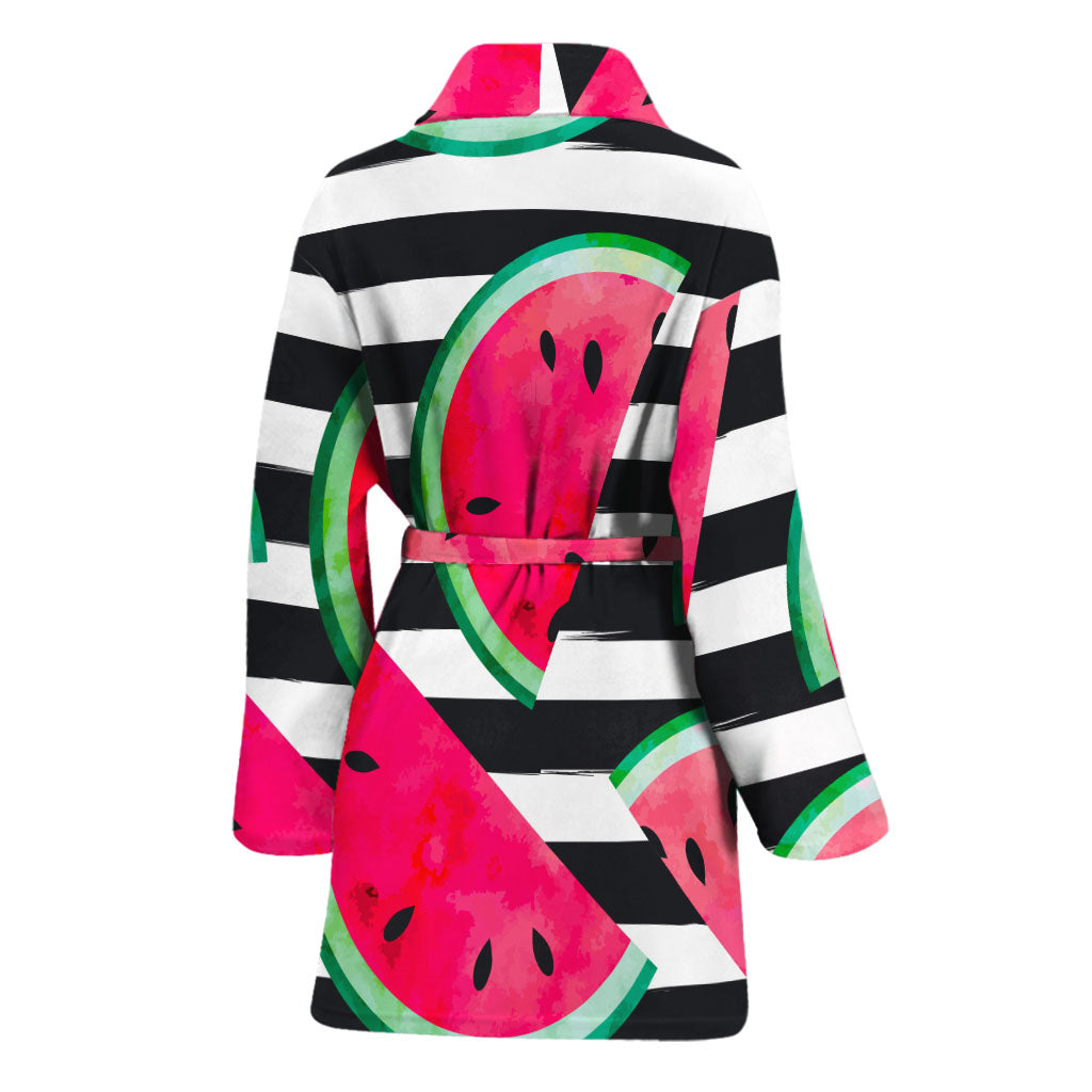 Black Striped Watermelon Pattern Print Women's Bathrobe