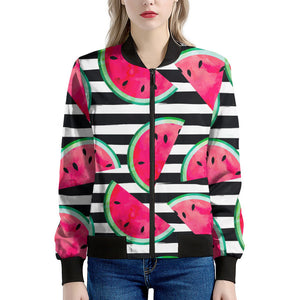 Black Striped Watermelon Pattern Print Women's Bomber Jacket