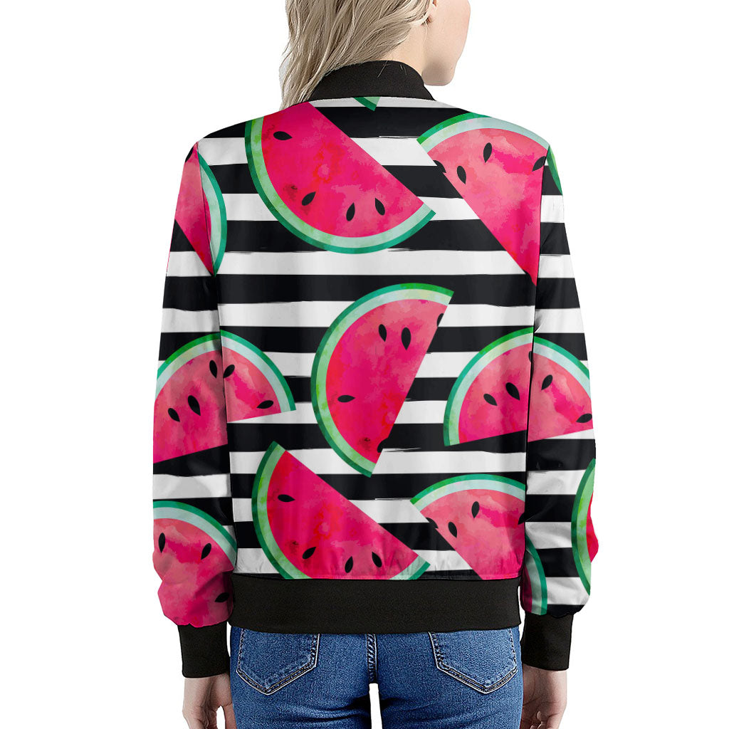 Black Striped Watermelon Pattern Print Women's Bomber Jacket