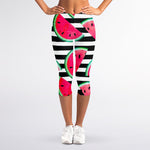 Black Striped Watermelon Pattern Print Women's Capri Leggings