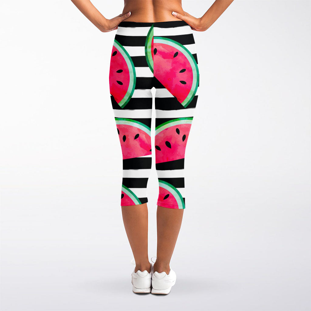 Black Striped Watermelon Pattern Print Women's Capri Leggings