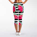 Black Striped Watermelon Pattern Print Women's Capri Leggings