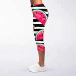 Black Striped Watermelon Pattern Print Women's Capri Leggings