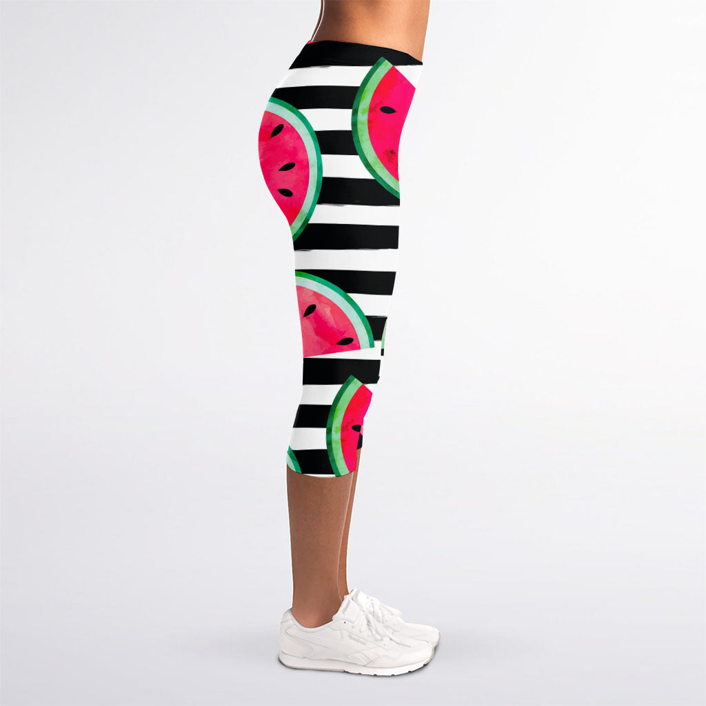 Black Striped Watermelon Pattern Print Women's Capri Leggings