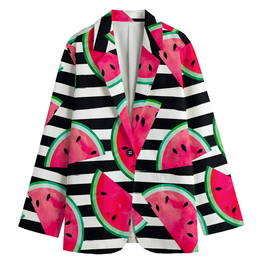 Black Striped Watermelon Pattern Print Women's Cotton Blazer