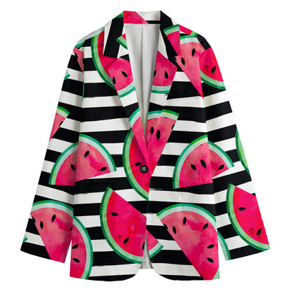 Black Striped Watermelon Pattern Print Women's Cotton Blazer