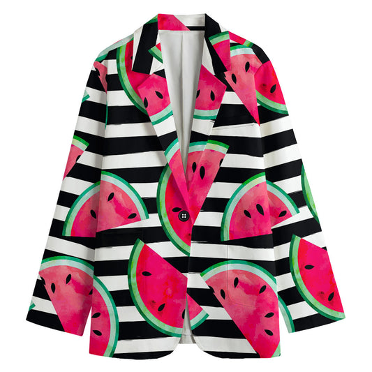 Black Striped Watermelon Pattern Print Women's Cotton Blazer