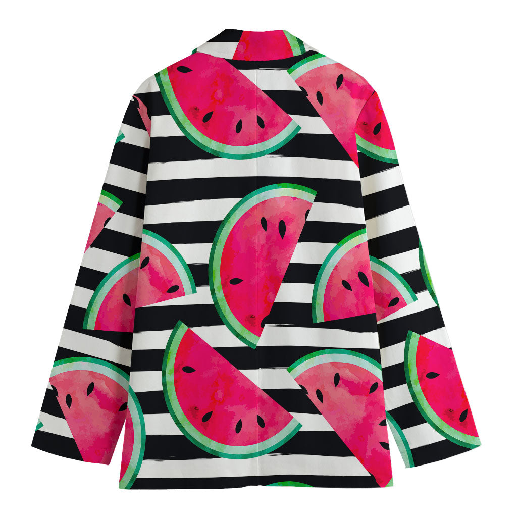 Black Striped Watermelon Pattern Print Women's Cotton Blazer