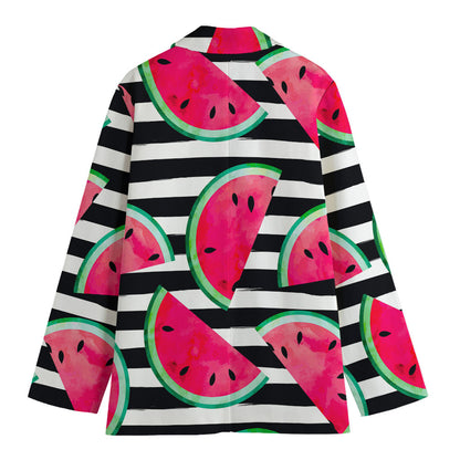 Black Striped Watermelon Pattern Print Women's Cotton Blazer