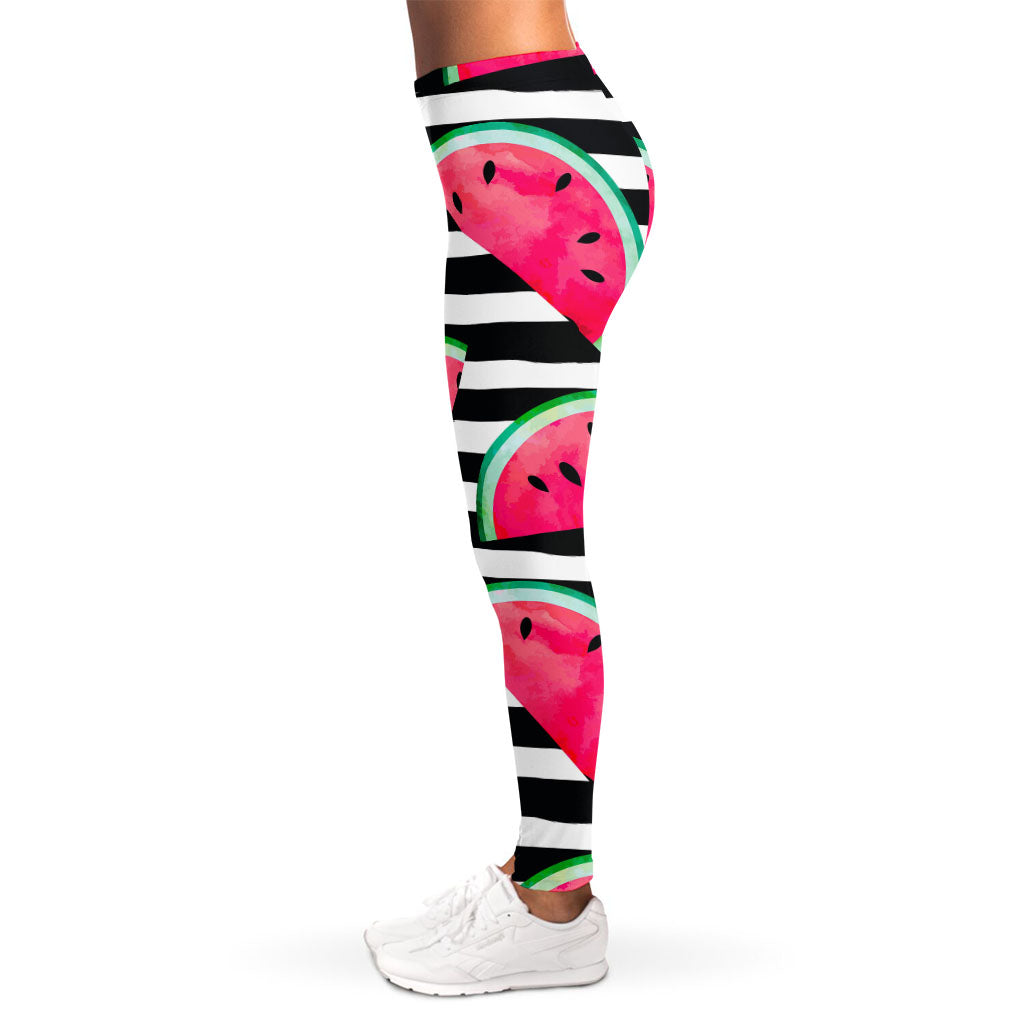 Black Striped Watermelon Pattern Print Women's Leggings