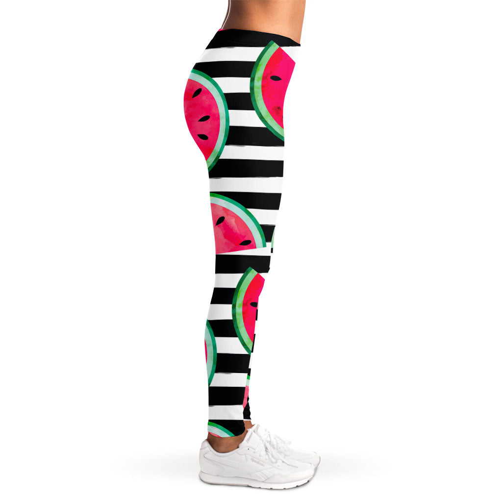 Black Striped Watermelon Pattern Print Women's Leggings