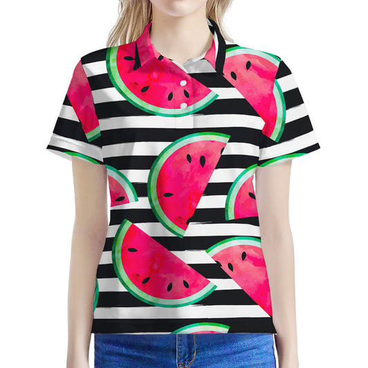 Black Striped Watermelon Pattern Print Women's Polo Shirt