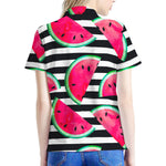 Black Striped Watermelon Pattern Print Women's Polo Shirt
