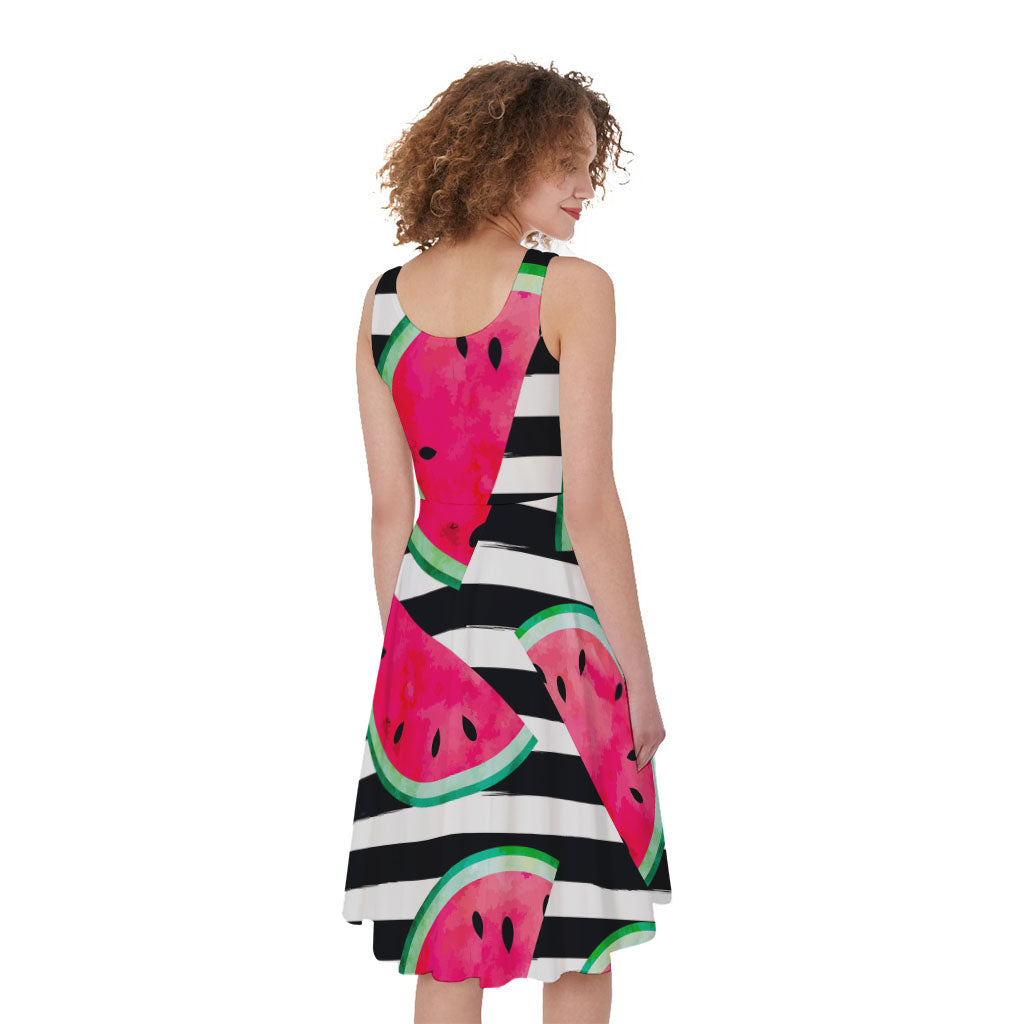 Black Striped Watermelon Pattern Print Women's Sleeveless Dress