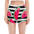 Black Striped Watermelon Pattern Print Women's Split Running Shorts