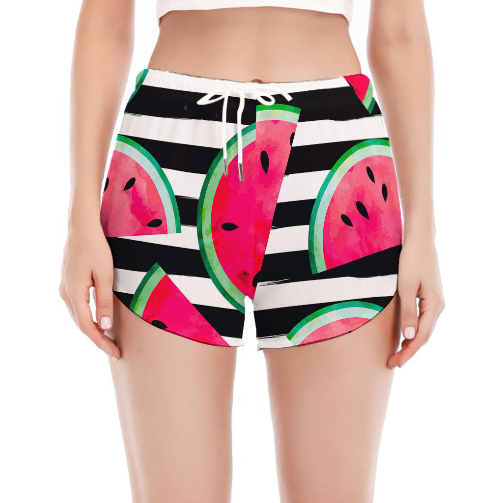 Black Striped Watermelon Pattern Print Women's Split Running Shorts