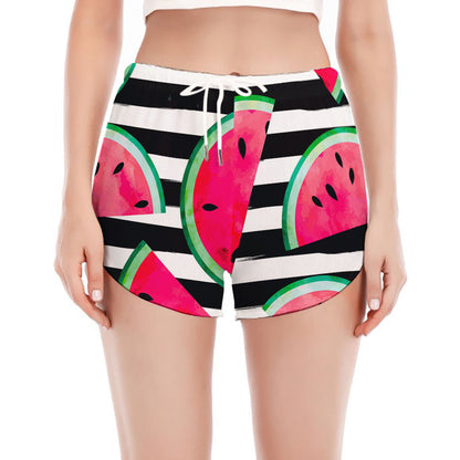 Black Striped Watermelon Pattern Print Women's Split Running Shorts