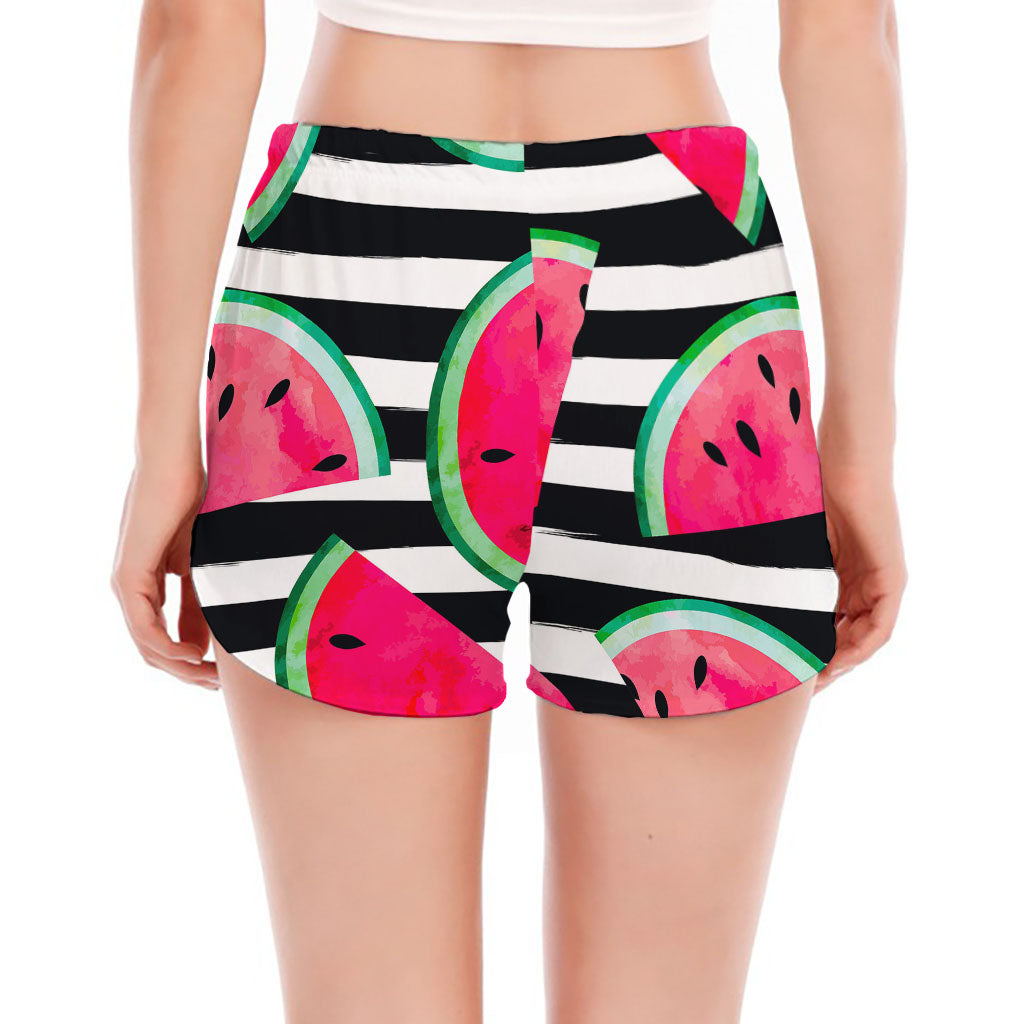 Black Striped Watermelon Pattern Print Women's Split Running Shorts