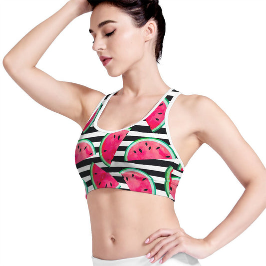 Black Striped Watermelon Pattern Print Women's Sports Bra