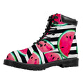Black Striped Watermelon Pattern Print Padded Collar Lace Up Boots