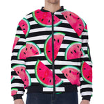 Black Striped Watermelon Pattern Print Zip Sleeve Bomber Jacket