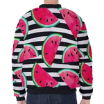 Black Striped Watermelon Pattern Print Zip Sleeve Bomber Jacket