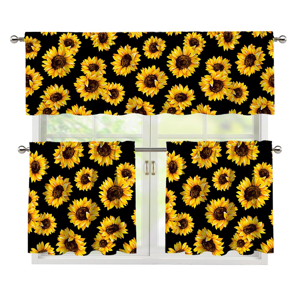 Black Sunflower Pattern Print 3 Piece Kitchen Curtains