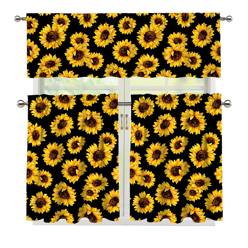 Black Sunflower Pattern Print 3 Piece Kitchen Curtains