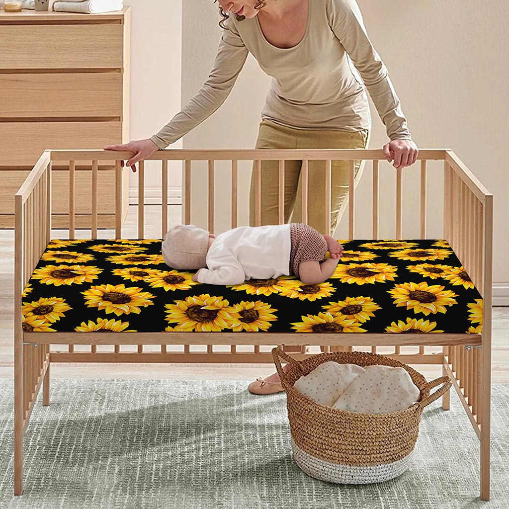 Black Sunflower Pattern Print Baby Crib Sheet