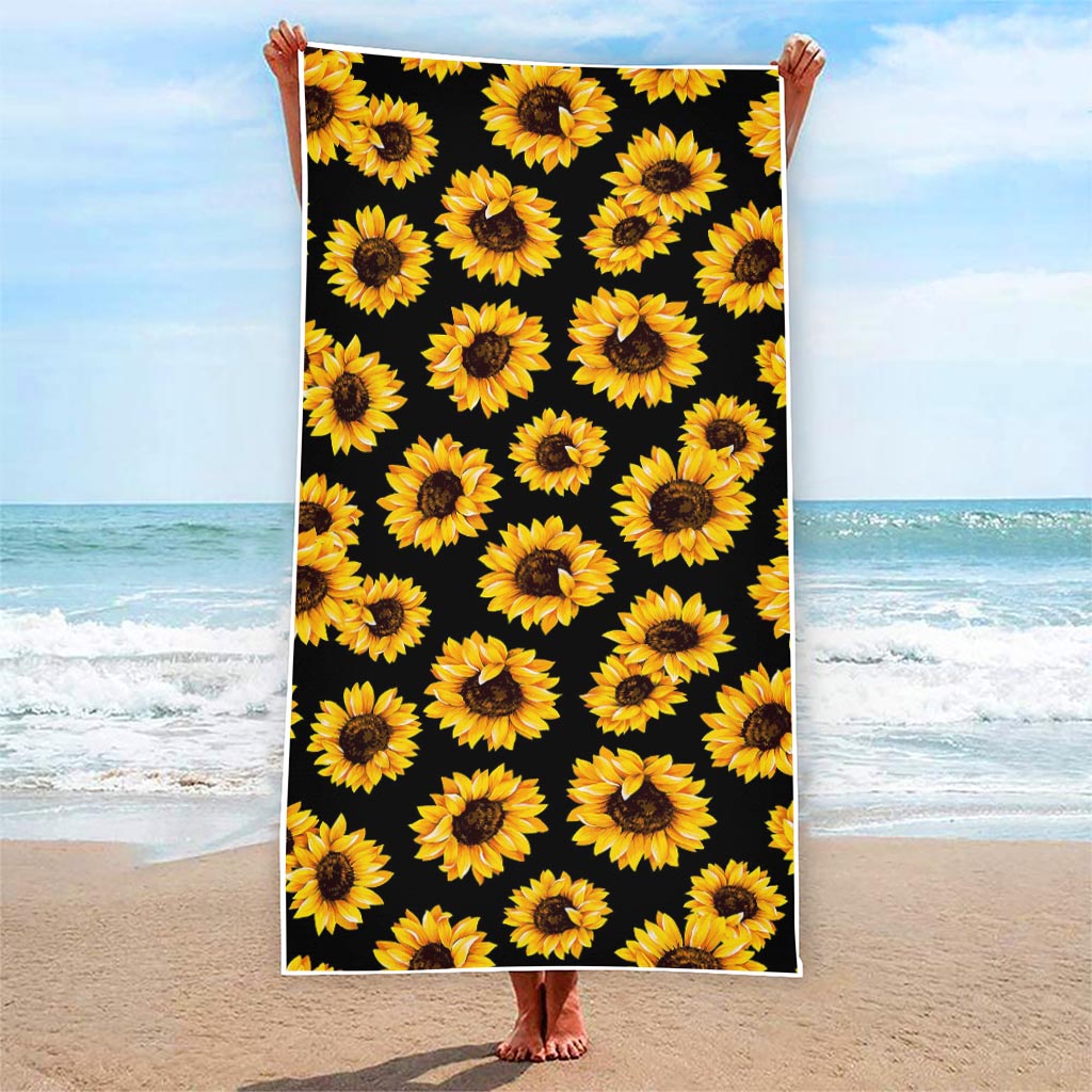 Black Sunflower Pattern Print Beach Towel