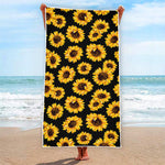 Black Sunflower Pattern Print Beach Towel