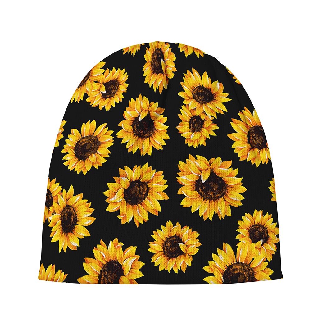 Black Sunflower Pattern Print Beanie