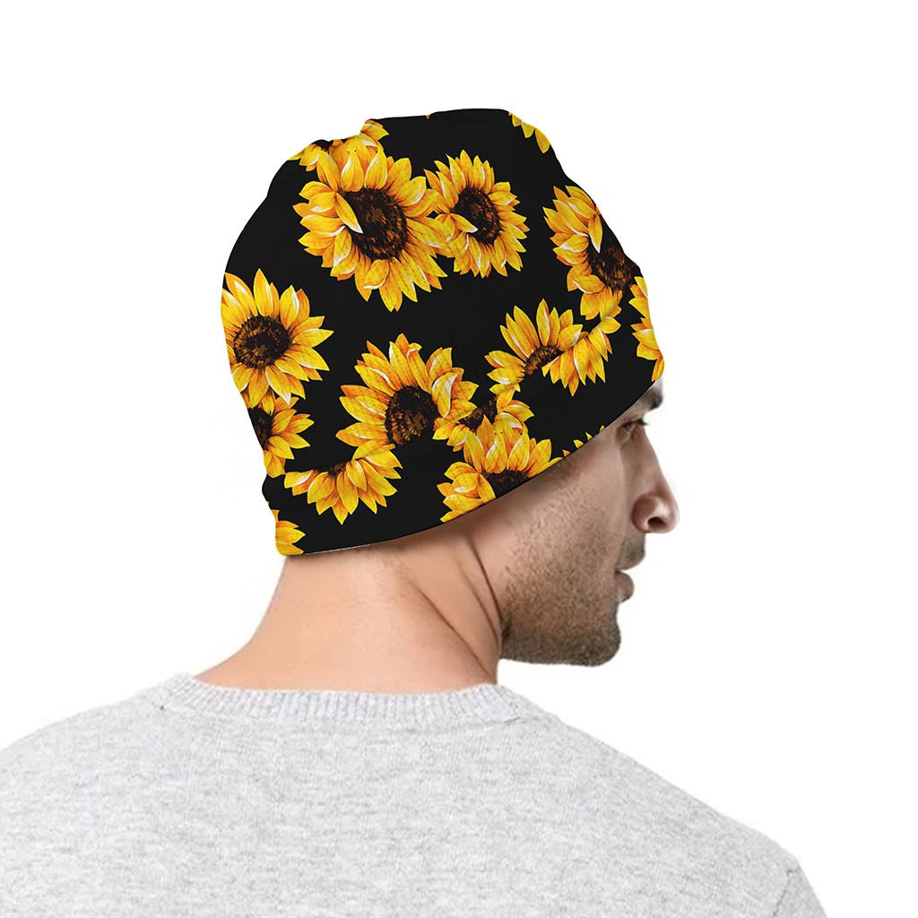 Black Sunflower Pattern Print Beanie