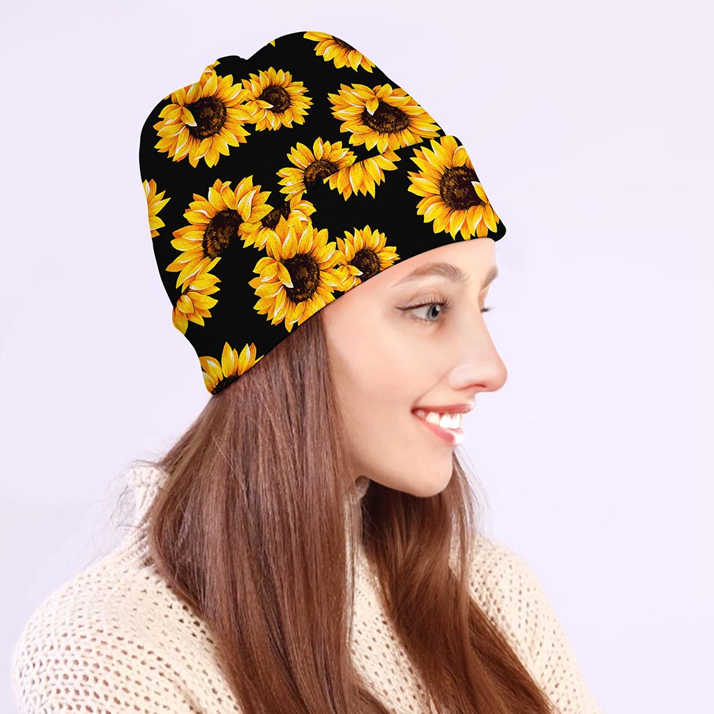 Black Sunflower Pattern Print Beanie